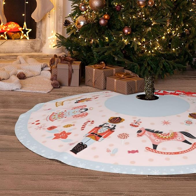36" Large Christmas Tree Skirt, Nutcracker Candy Pattern Tree Mat Base Cover for Xmas Festive Holiday Party Decoration Ornaments