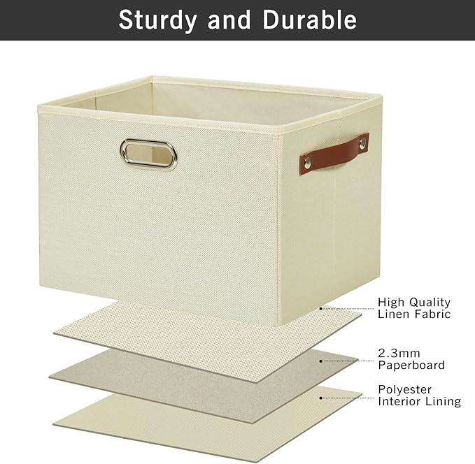 Large 3-Pack Foldable Fabric Storage Bins with Durable PU & Metal Handles , Collapsible Storage Baskets for Shelves, Home Storage, Closet Organizers, Living Room(14.9"x9.8"x9.8", Beige)