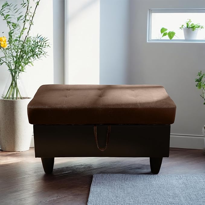 Ottoman Rectangular Storage Ottoman Bench, Flannel Footrest Stool Footstool with Lid for Living Room, Bedroom, Entryway, Brown&Black, 35"x23.5"x17.5"
