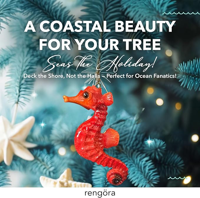 Hand-Painted Beach Christmas Ornament – Coastal Tree Decoration for Ocean Lovers – Unique Nautical Ornament for Christmas Tree or Stocking Stuffer Gift (Red Seahorse)