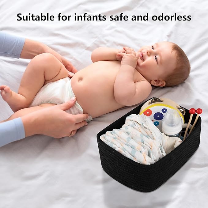 4 Pack Small Storage Shelf Baskets for Organizing, Mini Woven Rope Storage Bins for Towels, Cute Decorative Closet Organizer，Baby Nursery, Gift Empty Baskets -11.81''Lx7.87''Wx4.72''H-Black