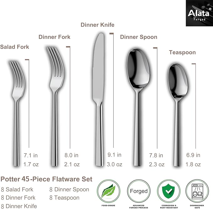 Alata Potter 45-Piece Forged Stainless Steel Flatware Set Cutlery Set,Service for 8,Silver Finish,Dishwasher Safe