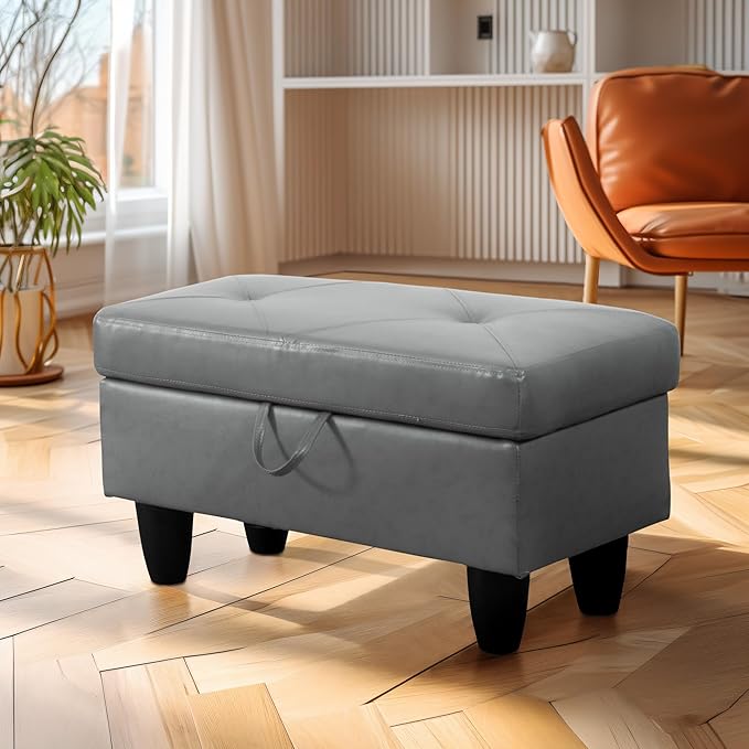Ottoman Rectangular Storage Ottoman Bench, Faux Leather Footrest, Coffee Table, Stool Footstool with Hinged Lid for Living Room, Bedroom, Entryway, Gray, 28.5"x19"x17.5"