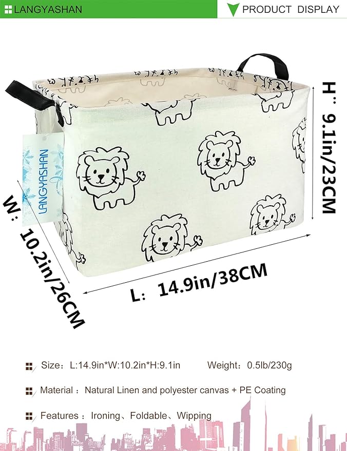 LANGYASHAN Rectangular Storage Bin Collapse Canvas Fabric Cartoon Storage Basket with Handles for Organizing Home Kitchen Boys and Girls Toys Office Closet Shelf Baskets (Rec lion)