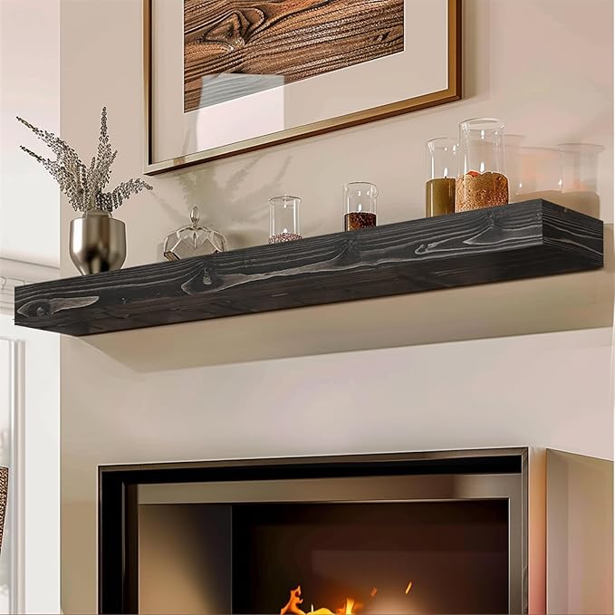 56x8x3 Fireplace Mantel - Handcrafted Hollow Rustic Solid Wood Wall Mounted Floating Shelf with Invisible Heavy Duty Wood Bracket (Weathered Black)