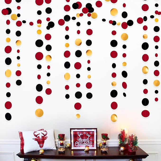 Gold Black Red Party Decorations Circle Dots Streamer Hanging Paper Polka Dots Garland for Graduation Birthday Wedding Anniversary Baby Shower Holiday Pirate Poker Casino Las Vegas Party Supplies