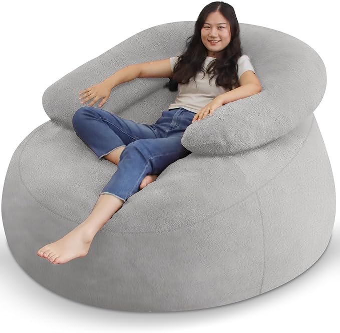 HABUTWAY Bean Bag Chair with U-shaped Pillow for Adult and Kids Big BeanBag Chair with Filling Ultra Soft Faux Fur Couch Chair with Washable Cover for Living Room Bedroom Office,Light Grey& Light Grey