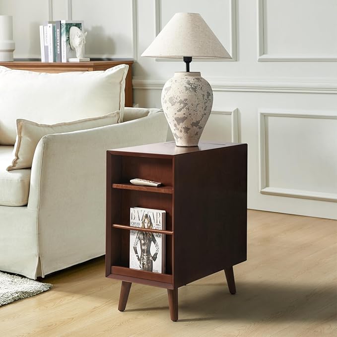 HULALA HOME End Table with Drawer and Charging Station, Modern End Table with USB Ports and Outlets, Wooden Side Table with Storage-Walnut