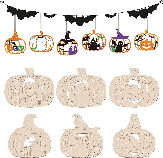 24 PCS Unfinished Wooden Halloween Crafts,Pumpkin Shaped Hanging Ornaments DIY Wood Craft Cutouts for Halloween Party Decor (Hollow Pumpkin)