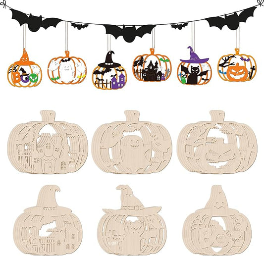 24 PCS Unfinished Wooden Halloween Crafts,Pumpkin Shaped Hanging Ornaments DIY Wood Craft Cutouts for Halloween Party Decor (Hollow Pumpkin)