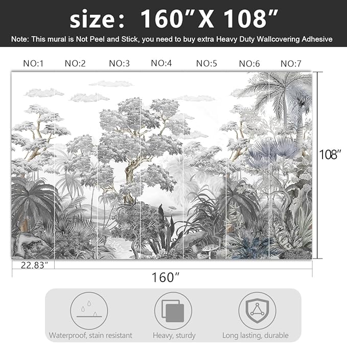 '-Tropical Rainforest Botanical Grey Jungle Forest Fabric Wallpaper Living Room Palm Leaf Plant Bedroom Bathroom Large Wall Mural- 160"x108"（ not Peel and Stick）
