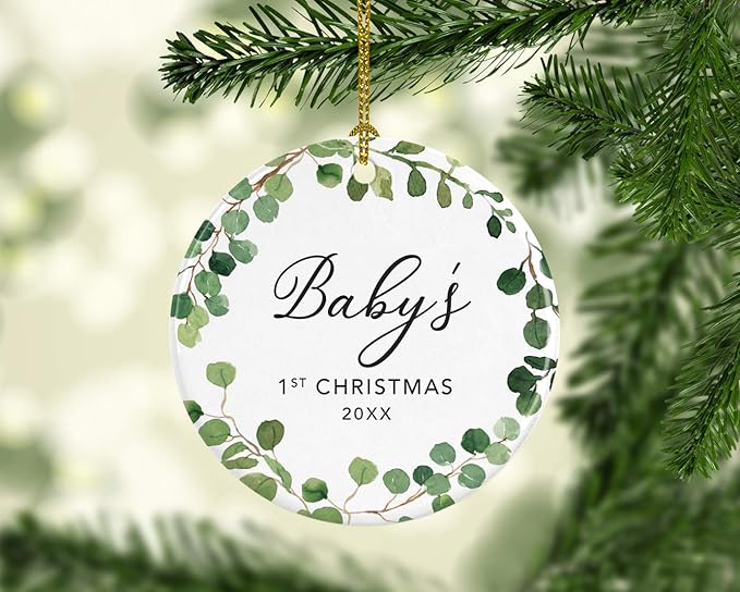 Andaz Press Custom Year Round Ceramic Porcelain Christmas Tree Ornament Keepsake Collectible Gift, Baby's 1st Christmas 2025, Farmhouse Eucalyptus Wreath, 1-PackBaby Shower New Mom Gift Ideas