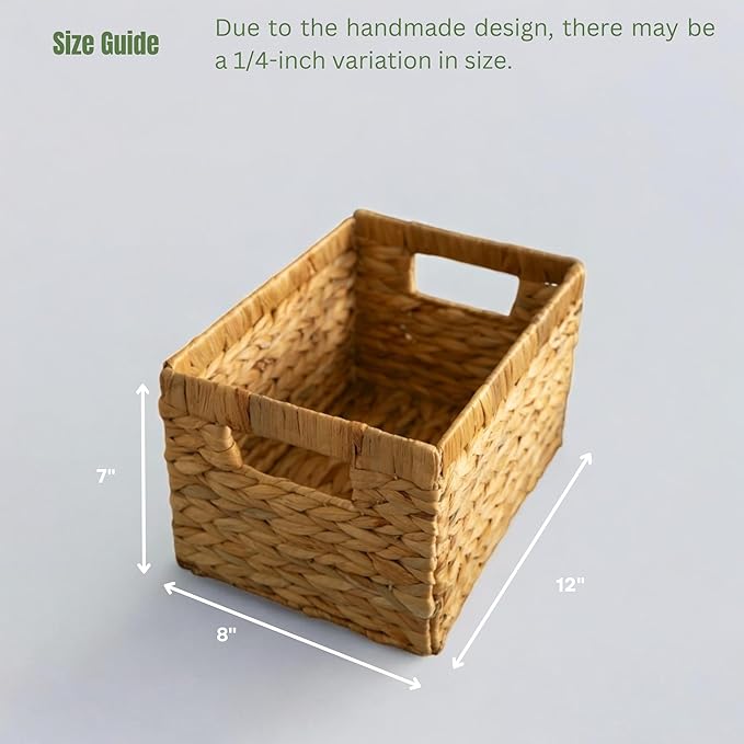 Woven Basket For Shelves, Baskets for Organizing, Wicker Storage Basket with Built-in Handles, Natural Baskets for Toys, Kitchen Storage (Medium 2-Pack, Natural Water Hyacinth)