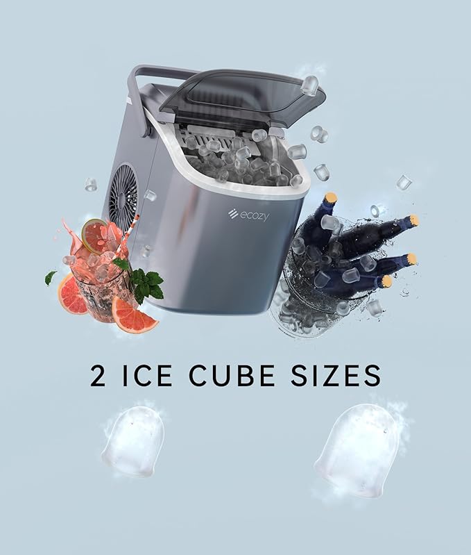 ecozy Portable Ice Maker Countertop, 9 Cubes Ready in 6 Mins, 26lbs in 24Hrs, Self-Cleaning Ice Machine with Handle/Ice Bags/Ice Scoop/Ice Basket, 2 Sizes Bullet Ice for Home Kitchen Office Bar Party