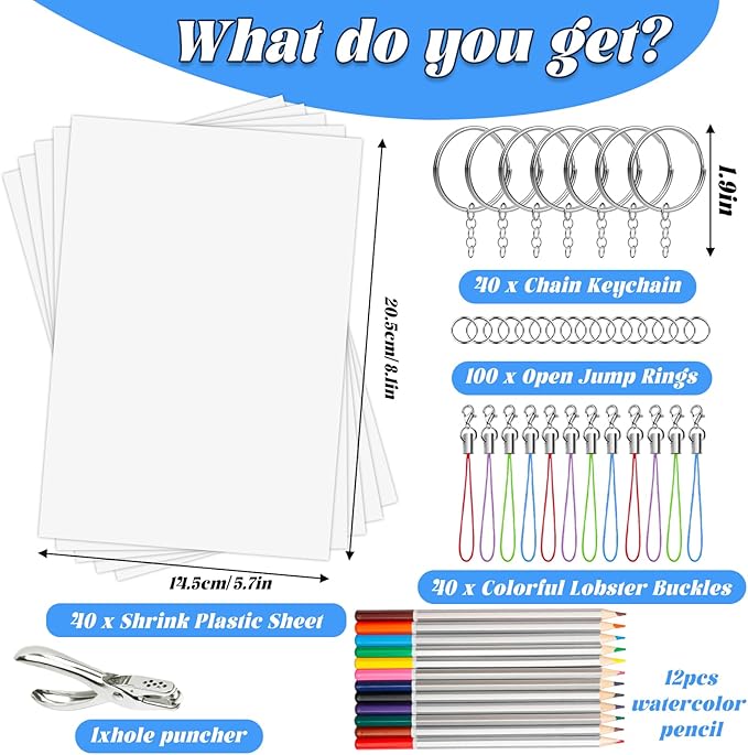 Natonhi 239Pcs Heat Shrink Plastic Sheets Keychain Kit, Including 40 Shrinky Art Paper,6 Traceable Picture, Hole Punch, Pencils, Keychains Accessories for Kids Shrinky Dinks Creative Craft Marking