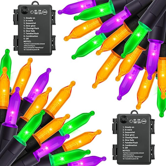 Halloween Orange Purple & Green Lights Decorations, 2 Pack 17FT 100LED Mini String Lights Battery Operated -Waterproof for Indoor Outdoor Patio Tree Holiday Fall Halloween Decor