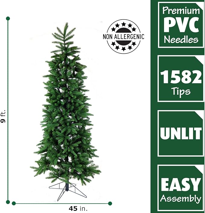 Fraser Hill Farm 9-Feet Unlit Carmel Pine Slim Green Artificial Christmas Tree, Realistic Foliage, Foldable for Easy Storage, Stand Included, Holiday Decor for Home, Office
