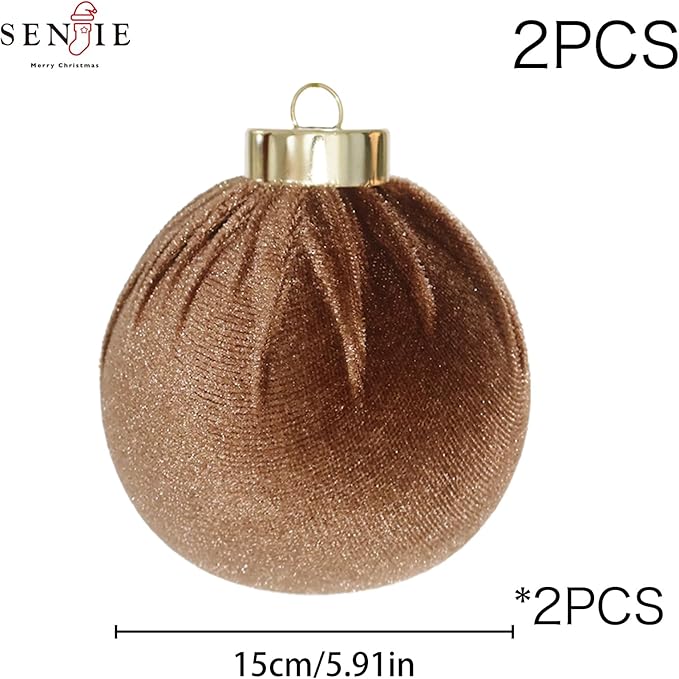 6inch Big Velvet Christmas Ornaments, 2pcs Flocked Ornaments Balls Sets for Christmas Tree Decorations Light Coffee