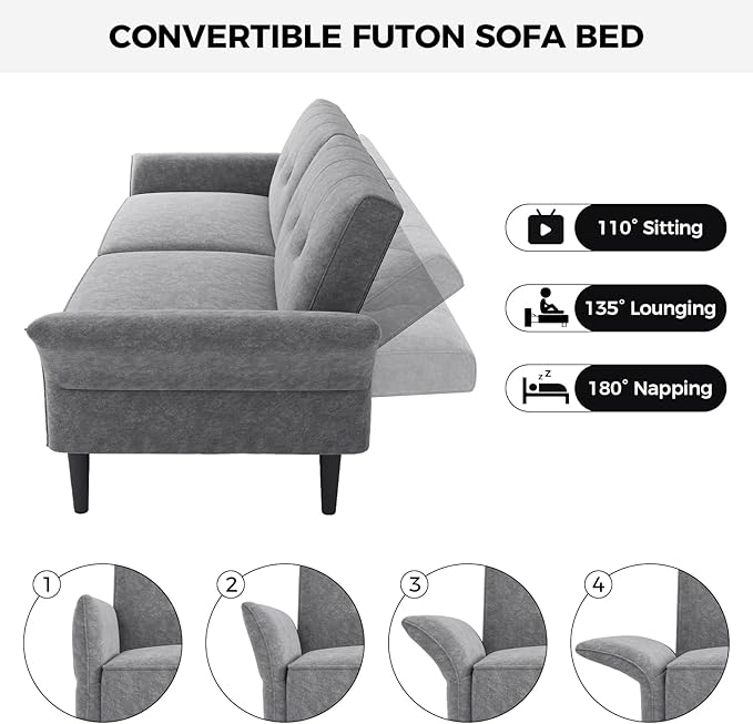 89” Futon Sofa Bed, Comfy Futon Couch Bed with 2 Square Pillows, Convertible Sleeper Sofa with Adjustable Backrest& Armrests, Modern Loveseat Sleeper for Living Room, Bedroom, Light Gray