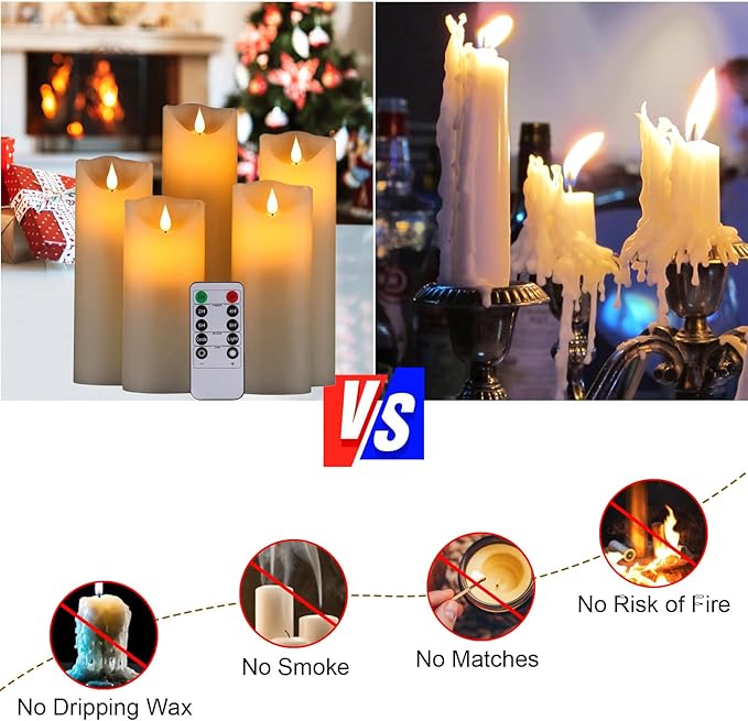 Flameless Battery Operated LED Candles 3D Wick with10key Button Remote Control 24-Hour Timer Set of 5 Electric Flickering Pillar Real Wax，Wedding, Party, Home Decoration