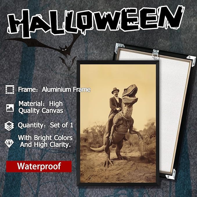 Goth Decor Antiqued Wicca Art Poster Dark Academy Dinosaur And Cowboy Canvas Wall Art Horror Posters Spooky Indoor Art Family Bedroom Office Space Decor 24X36inch Aluminum Framed