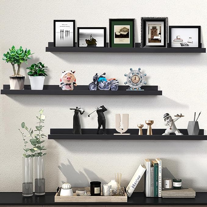 Long Floating Folding Shelves 48 Inch Wood Picture Ledge Shelf with Lip for Wall Black Storage Shelves for Kids Room Photo Shelves Wall Organizer Set of 3 for Bedroom Living Room Bathroom Kitchen