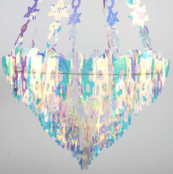 Hanging Decorations Iridescent Chandelier Shaped Foil Ceiling Hanging Ornament for Bridal Shower Wedding Birthday Frozen Theme Party Fairy Princess Rainbow Show Decoration