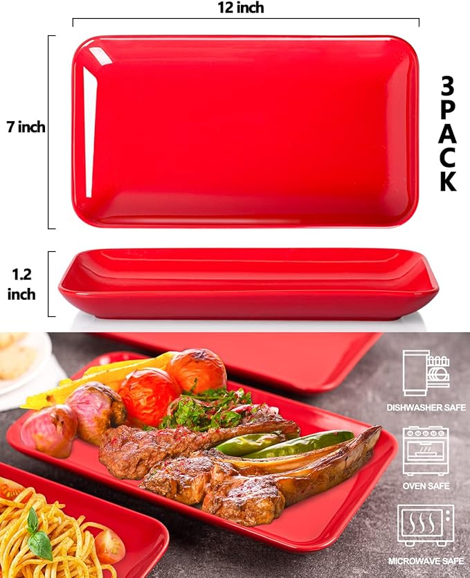 DELLING 3 Pack Rectangular Serving Platter and Trays, 12" Appetizer/Salad/Dessert Plates, Entertaining, Party, Romantic Date, Red
