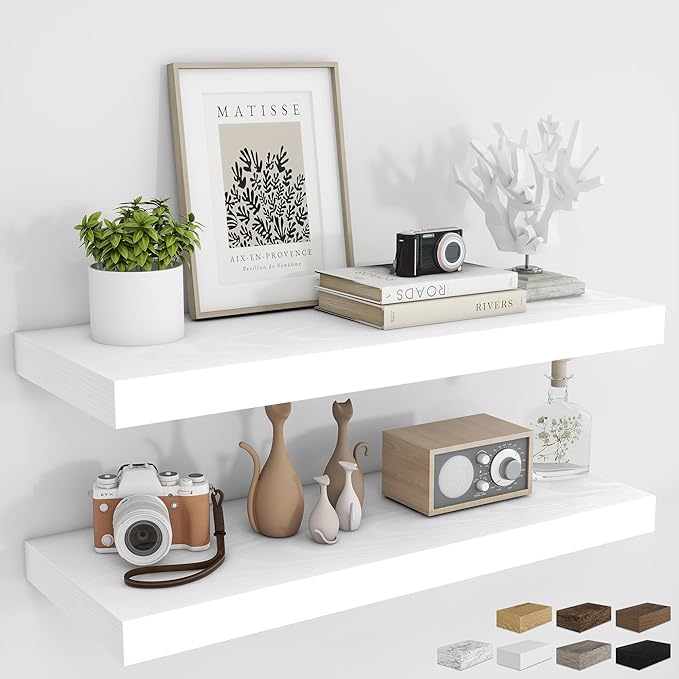 RICHFOCUS 36Inch Floating Shelves for Wall 2 Pack Shelves for Bedroom|Kitchen|Bathroom Wall Mounted Rustic Wood Floating Shelf with Invisible Brackets for Books|Storage|Decor, White
