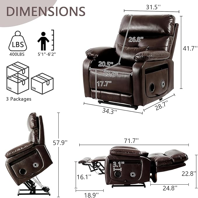 Dual Motor Power Lift Recliner Chair for Adult & Elderly, Infinite Position Lay Flat Lift Chair with Heat & Massage, Cup Holder, Lumbar Pillow, Wireless Charger, USB Ports, Leather (Brown)