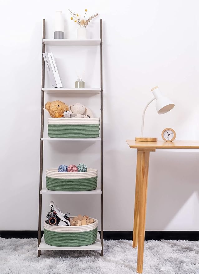 Shelf Storage Baskets for Organizing|Cute Basket for Closet&Blanket Storage|Small Woven Baskets to Store Toys,Books,etc.-13x8.66x5.11’’ Cotton Rope,Stylish,Oval 3 Packs Off White&Green