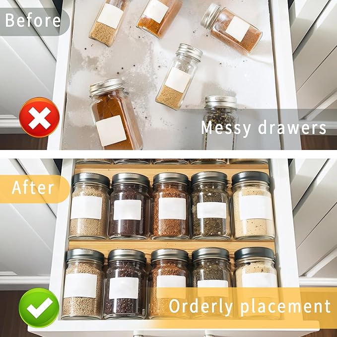 Bamboo Spice Rack For Drawer,4Pcs Tier Stackable Seasoning Storage Organizer Insert,for Kitchen Condiments Storage Insert(Jars Not Included,Combined Size:18.9" D x 9.5" W x 1.8" H）