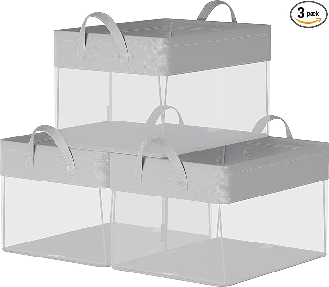 SONGMICS Storage Bins Set of 3, Medium Fabric Storage Baskets, Foldable Organizer with Transparent Nylon Mesh, 15.7 x 11.8 x 9.8 Inches, Handles, for Bedroom, Living Room, Dove Gray URFB940G01