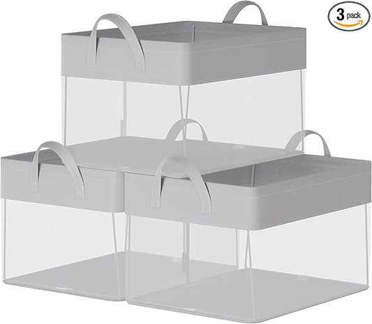 SONGMICS Storage Bins Set of 3, Medium Fabric Storage Baskets, Foldable Organizer with Transparent Nylon Mesh, 15.7 x 11.8 x 9.8 Inches, Handles, for Bedroom, Living Room, Dove Gray URFB940G01