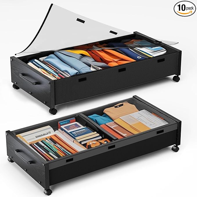 Wooden Under Bed Storage with Wheels, 80L Extra-large Rolling Under the Bed Storage Bins 2 Pack with Removable Lid, Upgrade Metal Under Bed Drawers for Clothes Shoes Blankets in Bedroom