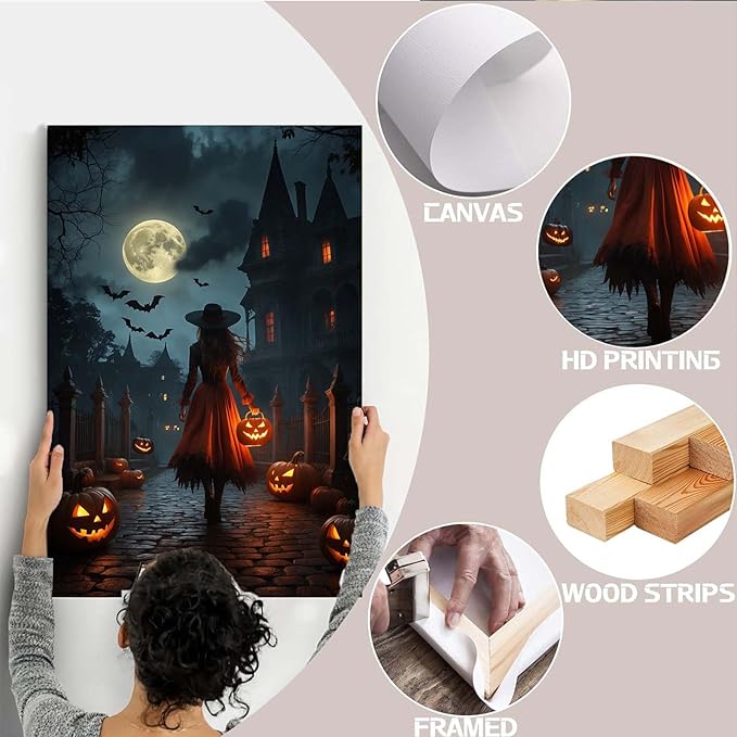 Halloween theme poster moonlit autumn night witch vintage poster art print dark college style gothic painting canvas wall decoration bedroom living room ideal gift24x36in Wood Framed