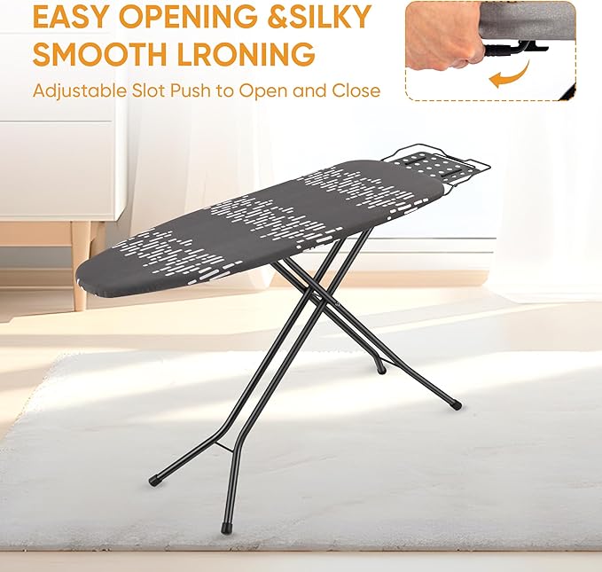 Deluxe Ironing Board with Heat Resistant Cover and Thicken Felt Pad, Safety Iron Rest, 4 Premium Steel Legs, Height Adjustable,Foldable