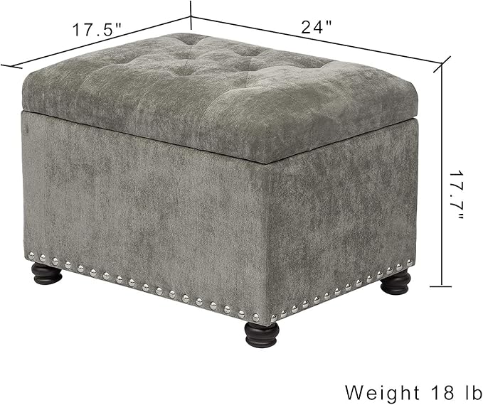 Joveco Storage Ottoman Foot Rest Stool, 24" Velvet Footstool Bench for Living Room Bedroom, Light Grey