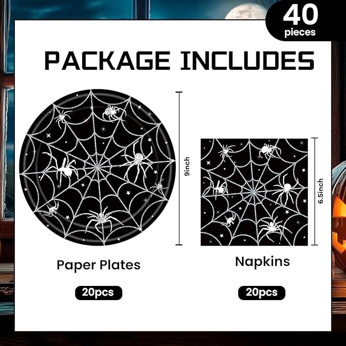 40Pcs Halloween Paper Plates and Napkins Party Supplies, Spider Web Plates Napkins Disposable Dinnerware Set for Spooky Halloween Party Decorations