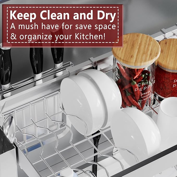 VNKZI Over Sink Dish Drying Rack, 2 Tier Full Stainless Steel Storage Adjustable Length (25.98'' to 36.61'') Kitchen Rack, Multifunctional Expandable Counter Organizer, Space Saver Dish Rack