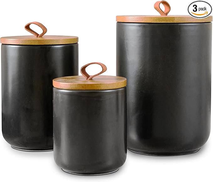 Black Canister Sets for Kitchen, 3pcs Ceramic Canisters with Airtight Wooden Lid, Food Storage Jar, Large Kitchen Storage Containers for Serving Coffee Beans, Tea, Sugar, Salt, Spices