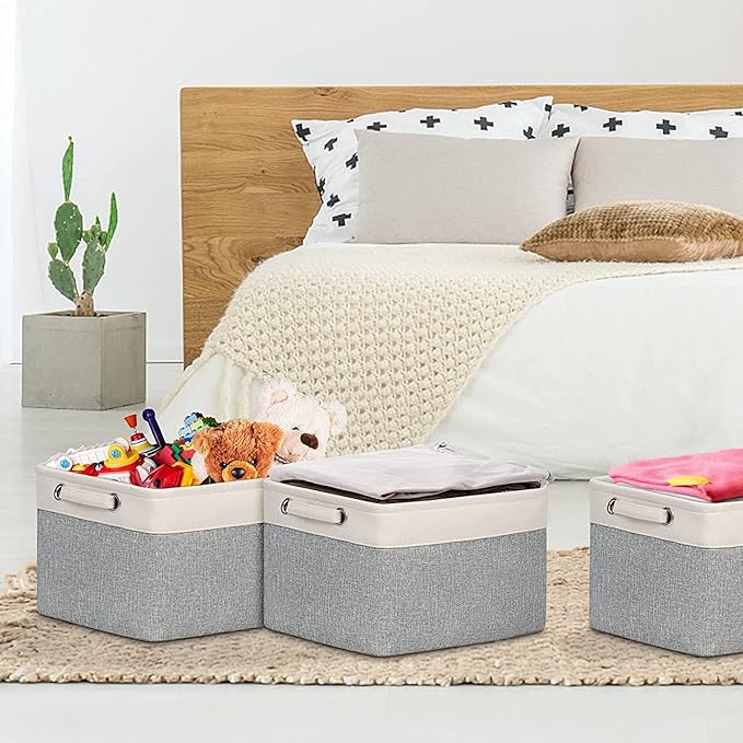 Kntiwiwo Storage Baskets for Closet 15" x 10" x 9.5" Fabric Storage Bins for Shelves Decorative Storage Cubes with Handles Large Linen Closet Organizer Bins for Home, Set of 3, Grey