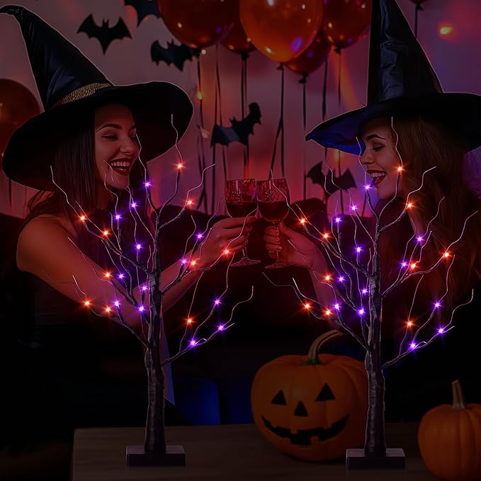 Halloween Decorations Indoor,2 Pack 2FT Birch Tree with 24 Orange and Purple LED Lights,Black Spooky Halloween Tree for Holiday Party,Tabletop Decor for Home,Office,Christmas,Fireplace,Mantle