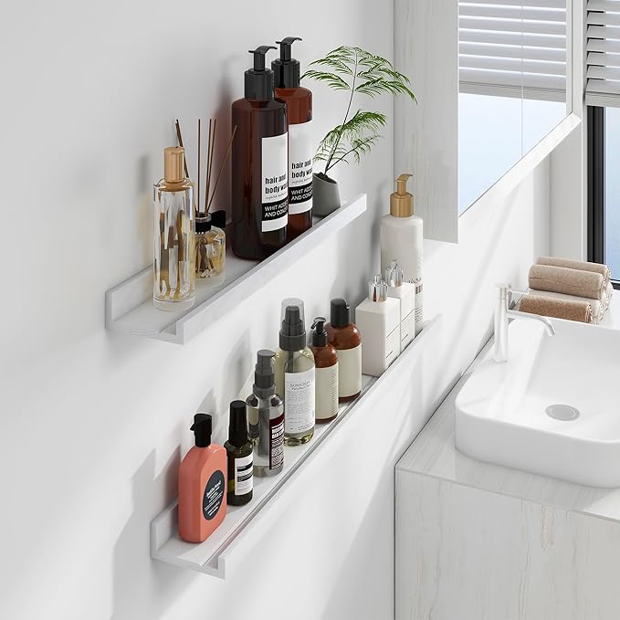 Floating Picture Ledge Shelves 24 Inch Solid Oak Wood Set of 2, Rustic Wall Storage Shelves with Lip, Kids Bookshelf, Photo & Picture Ledge Shelves for Bedroom, Living Room, Kitchen