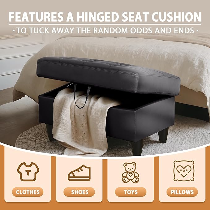 Ottoman Rectangular Storage Ottoman Bench, Faux Leather Footrest, Coffee Table, Stool Footstool with Hinged Lid for Living Room, Bedroom, Entryway, Black, 35"x23.5"x17.5"