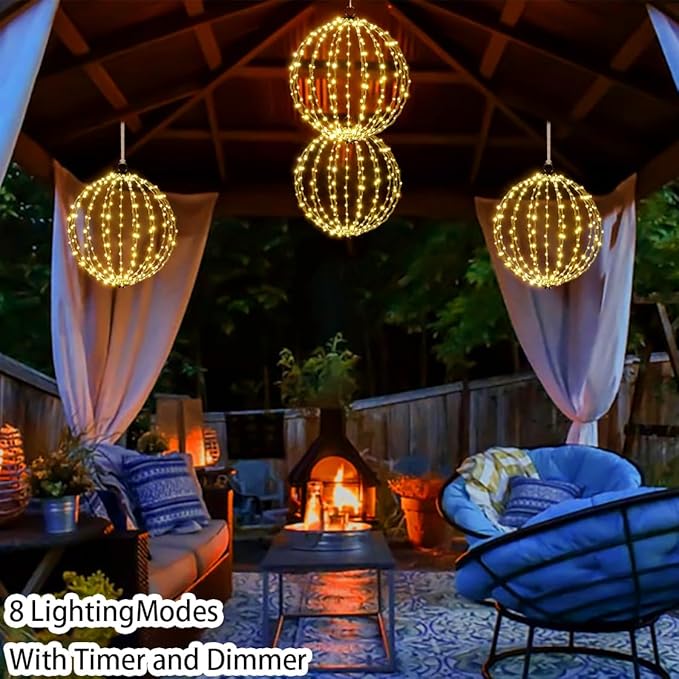 Outdoor Hanging Lighted Sphere, Christmas Decoration Light Balls, 2 in 1 Warm White and Multicolor Chandelier, 208 LED 16" Large Iron Frame Foldable Globe for Patio Tree Gazebo Decor-2Pack
