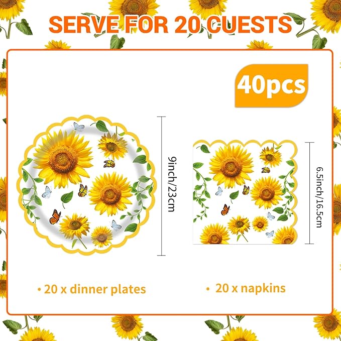 40 Pcs Sunflower Party Dessert Plates and Napkins Sets Fall sunflower 9" Paper Plates and 6.5" Napkins Party Supplies Tableware autumn Decoration For Birthday Picnic