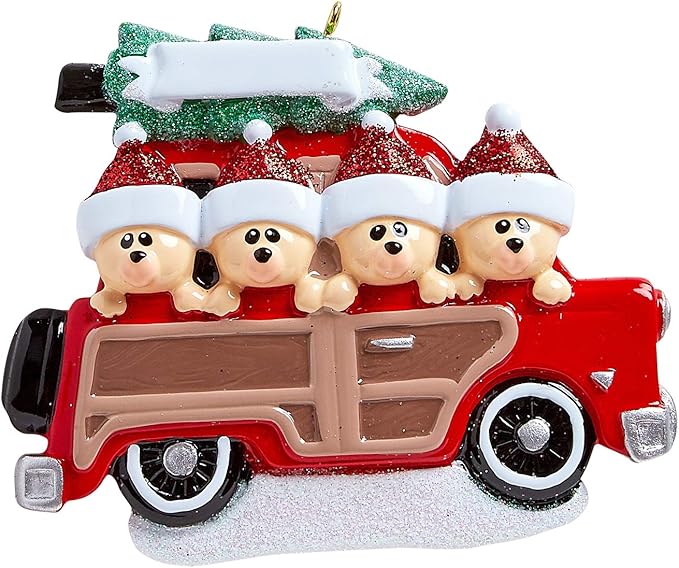 3D Road Trip Bears Family of 4 Ornament 2025 Personalized Family Christmas Ornaments 2025 | Snowy Tree Red Truck Personalized Tree Ornaments for Grandchildren, Siblings & Grandkids of Four Ornament