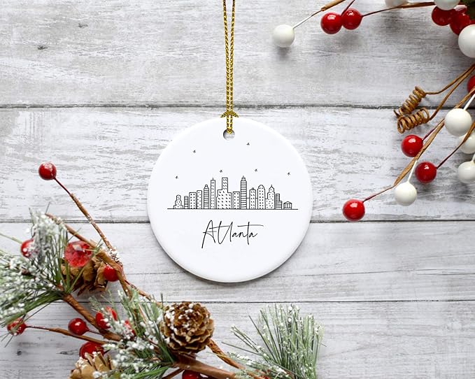 Andaz Press Round Ceramic Porcelain Christmas Tree Ornament Keepsake, Atlanta Black and White Stars City Skyline Graphic, 1-Pack, Birthday Gift Ideas for Family Coworker, Includes Gift Box