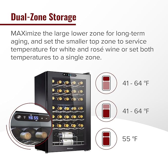 Wine Enthusiast 32-Bottle Dual Zone MAX Compressor Wine Cooler – Freestanding Mini Fridge with Digital Touchscreen, LED Display, Split Storage for Red & White Wines, Matte Black Refrigerator Home Bar